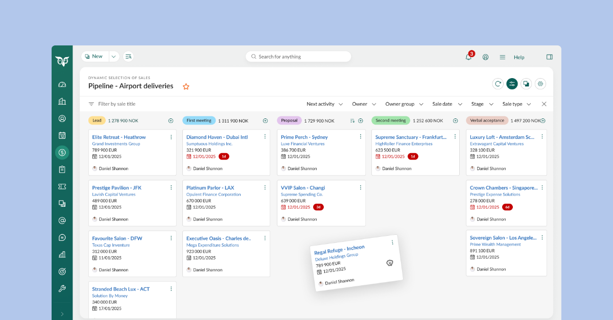 Screenshot uit SuperOffice van het bijhouden van de pijplijn
