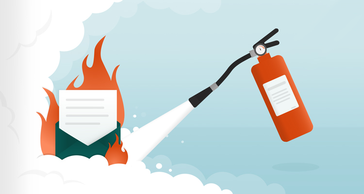 Illustratie met brandende brief en brandblusser